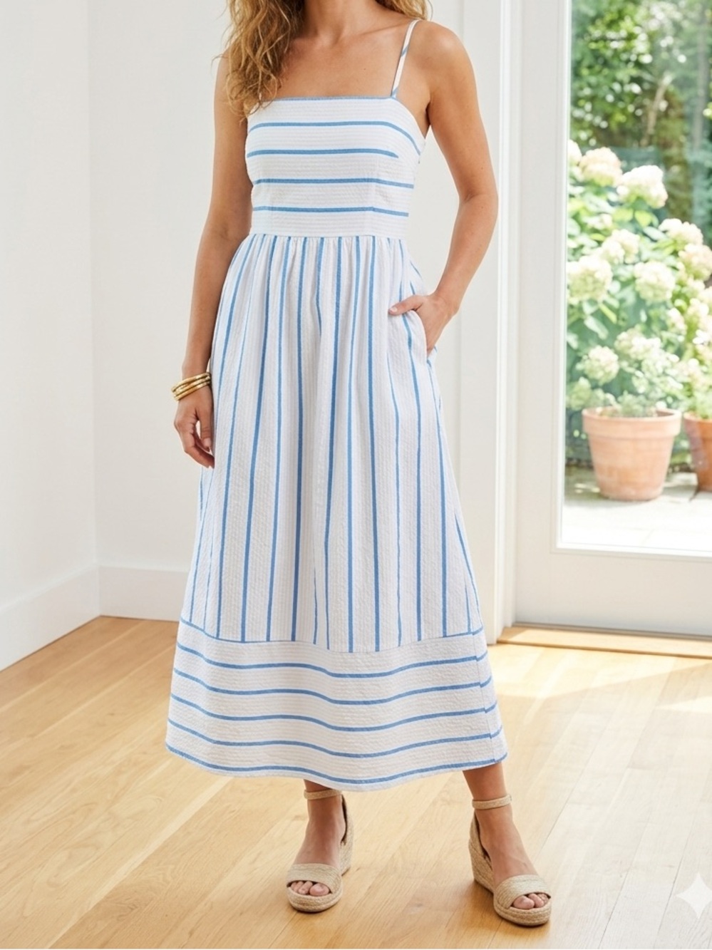 Blue White Striped Midi Dress Strappy Coastal Nautical Sun Dress❤️